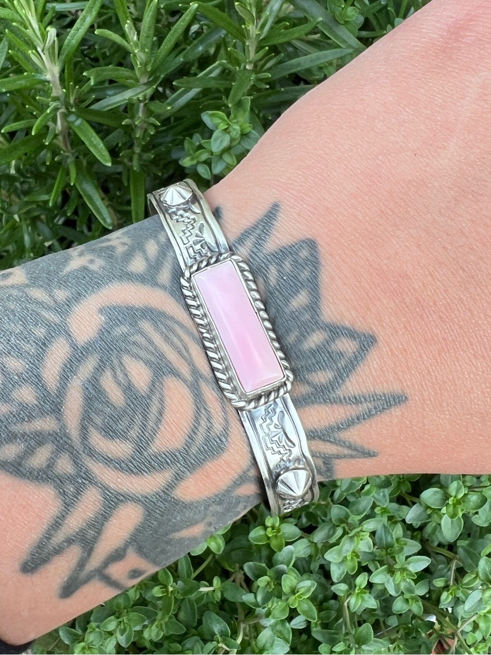 Pink Conch Silver Cuff Signed
